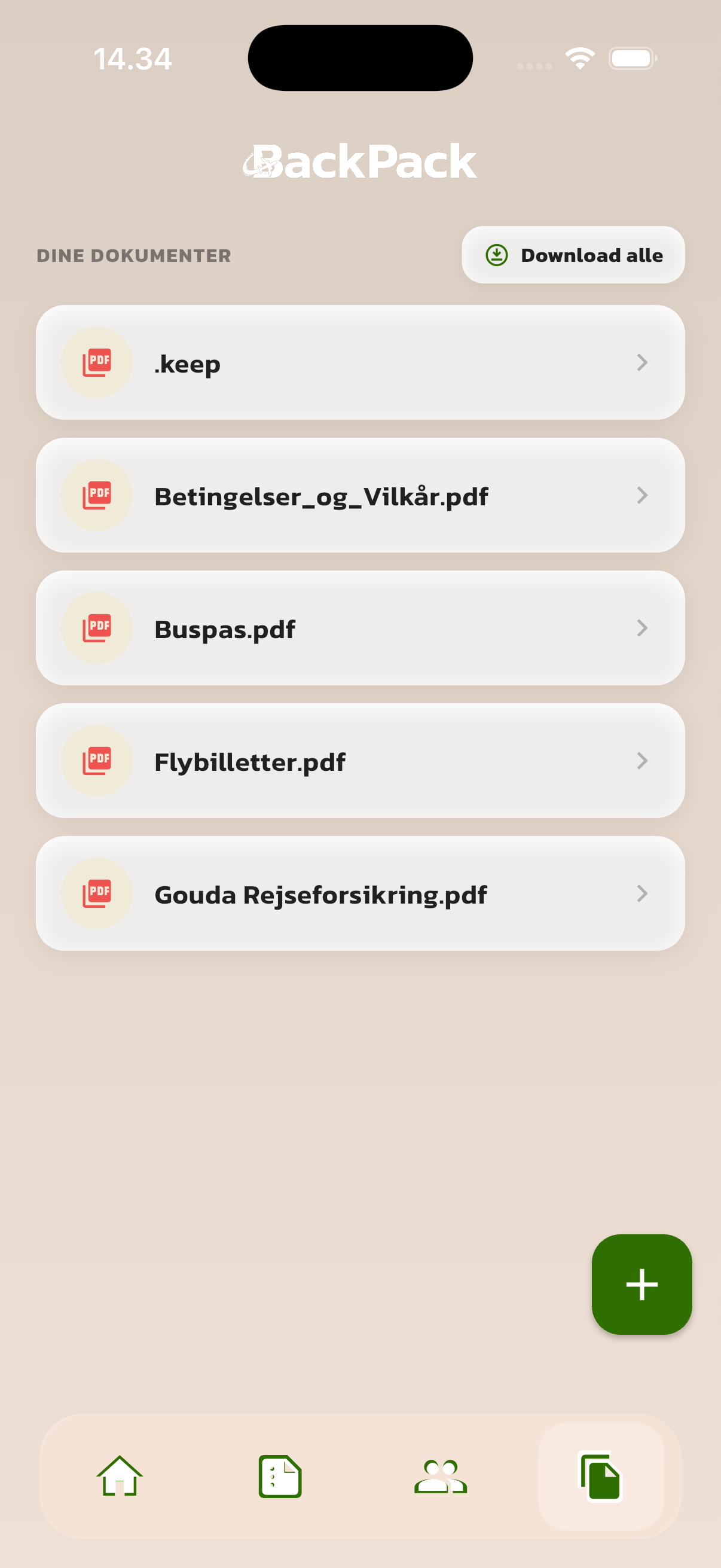 BackPack appens dokumenter med rejsebilag og hurtig download