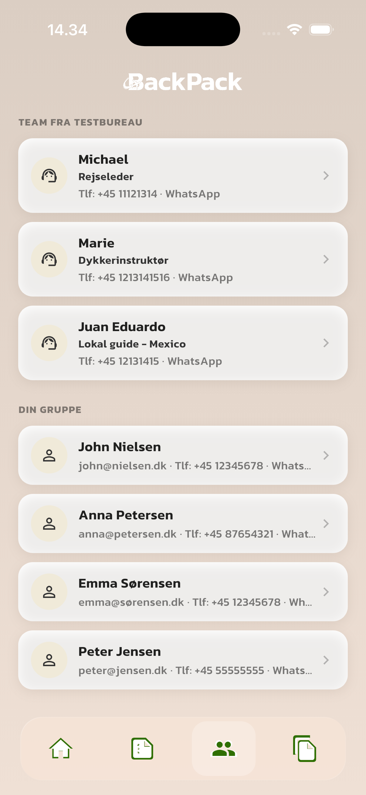 BackPack appens gruppemedlemmer og guider med direkte kontakt