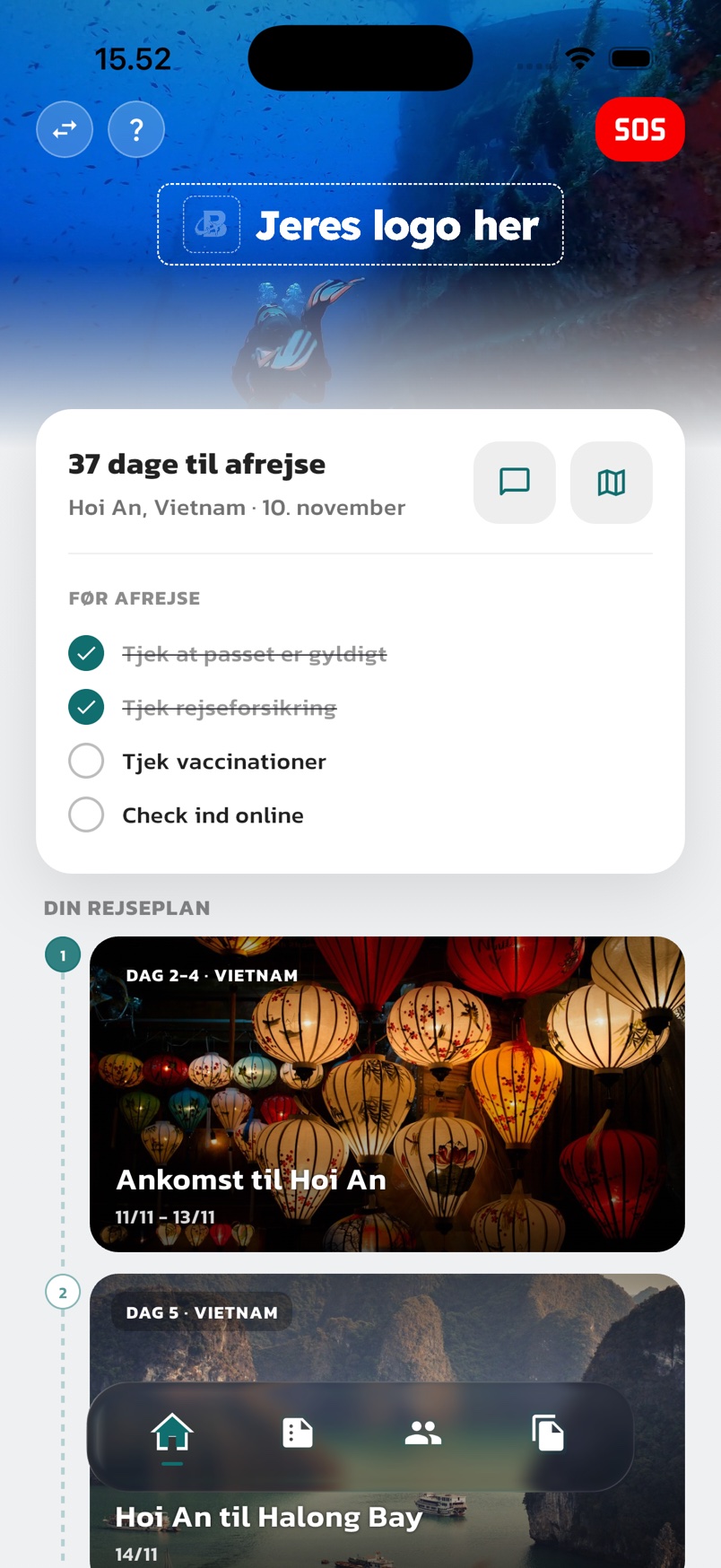 BackPack appens hjemmeskærm med nedtælling, huskeliste, rejseplan og SOS-knap