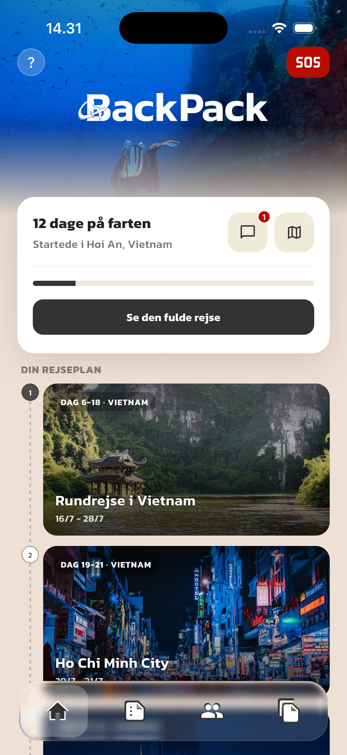 BackPack appens hjemmeskærm med rejseplan, dage rejst og SOS-knap